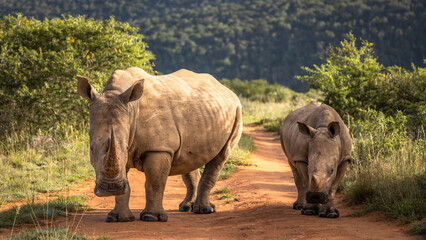 Obraz premium A female white rhinoceros with calf (Ceratotherium simum), Shamwari Private Game Reserve, South Africa.