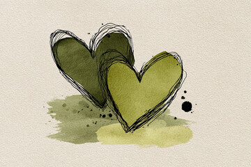 Sage Green Watercolor Hearts On Textured Paper Background