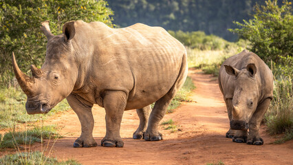 Obraz premium A female white rhinoceros with calf (Ceratotherium simum), Shamwari Private Game Reserve, South Africa.