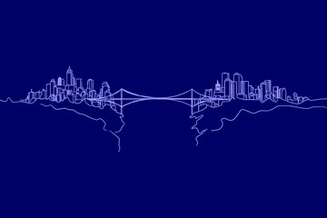 Naklejka premium City Skyline White Line Art Dark Blue Background Night Scene Urban Architecture Bridge Building Contour Vector Illustration Minimalist Townscape Horizon Graphic 