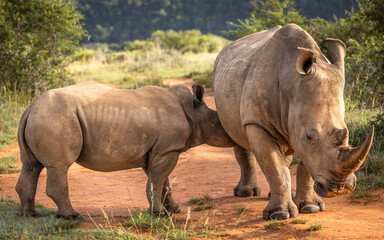 Fototapeta premium A female white rhinoceros nursing her calf (Ceratotherium simum), Shamwari Private Game Reserve, South Africa.