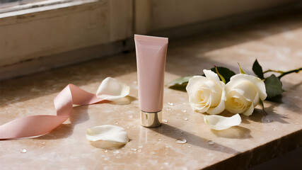 Bathed in soft morning light, the silent tube sits amidst a garden of white petals, waiting for a romantic gesture