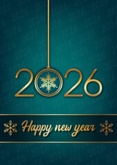 Festive New Year 2026 Vector Design &ndash; Elegant Gold Ornament Typography with Snowflake Detail on Teal Green Background &ndash; Premium Seasonal Celebration for Card, Banner, Poster, and Digital Marketing