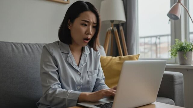 Young woman in pajamas looks shocked and concerned while typing on a laptop at home
