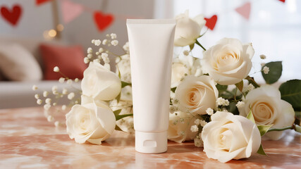 Standing proudly at the heart of romance, the blank tube invites a personal touch amidst a bed of soft white flowers