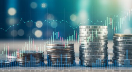Stacks of coins with financial graph overlay representing investment growth and business success.