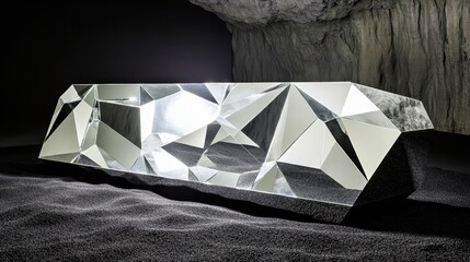 A clear geometric crystal prism reflecting bright light on a dark textured surface with angular facets