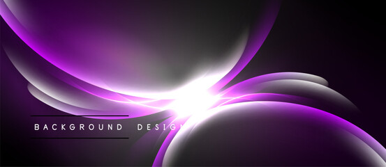 Abstract purple waves radiate from bright center. Dark background creates dramatic visual effect. Modern design element.