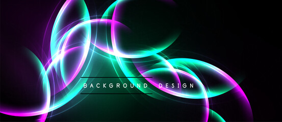 Abstract neon lights create dynamic curves, vibrant colors on dark background. Modern design element for digital projects.