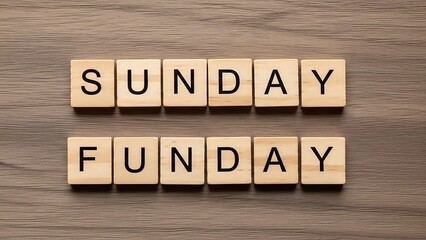 Sunday funday spelled out with wooden letter tiles on a rustic wooden table background, top view