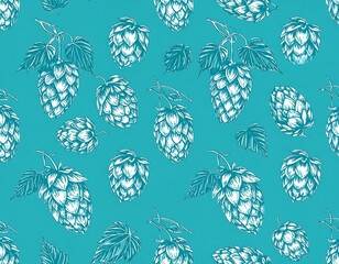 Turquoise background with white sketched hops and leaves repeating in a seamless pattern