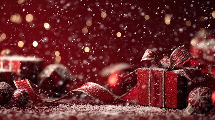 a red ribbon wrapped around christmas decorations and presents, with snow falling on it. the background is a deep red with twinkling lights, creating an atmosphere of joyous celebration. 