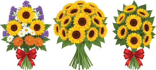 Bright sunflower bouquet illustration set featuring vibrant floral arrangements with daisies and marigolds, wrapped with decorative ribbons for botanical and creative vector design projects.