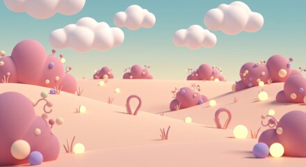 Dreamy Pastel Landscape with Pink Trees Beige Sand and White Clouds