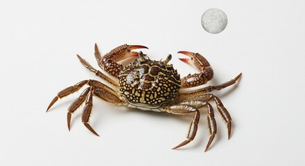 明るいスタジオライトに照らされ白い背景に浮かび上がるカニの神秘的な姿複雑な甲羅の模様と力強いハサミが鮮明に際立ち細部まで魅力的に描写された生命の美学. AI Generated