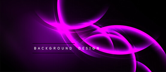 Abstract purple lines create dynamic energy. Background features glowing curves, modern design elements, dark space. Minimalist aesthetic.