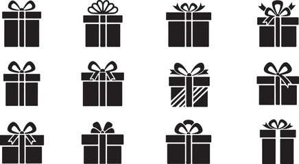 Collection of Black Gift Box Icons with Ribbons