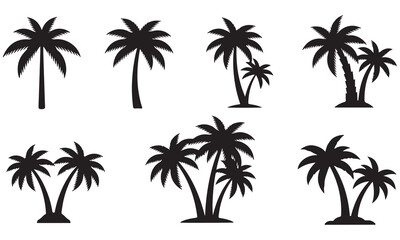 Collection of Black Silhouette Palm Trees on White Background