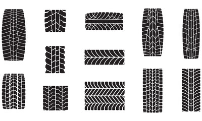 Collection of Black Tire Treads on White Background