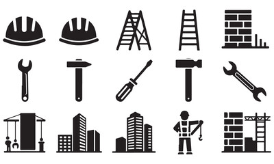 Construction and Building Icons: Tools, Helmets, and Structures