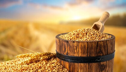 Harvested wheat grains in wooden barrel with scoop and ears against golden wheat field at sunset