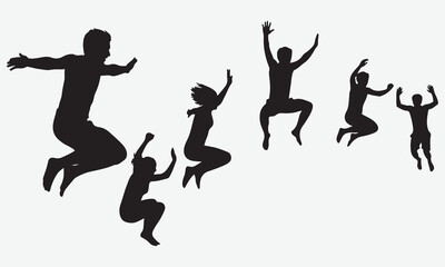 Diverse group of people jumping in silhouette against a white background