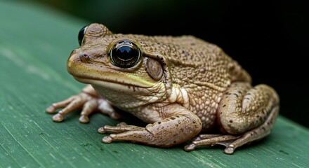 緑の葉に静かに佇む茶色のカエル柔らかい自然光がその丸い体と輝く目を鮮明に映し出す. AI Generated
