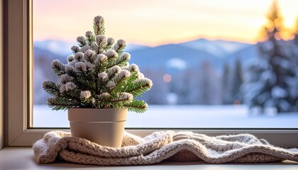 Snowy Potted Christmas Tree on Windowsill with Knitted Blanket and Winter Sunset View