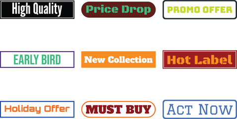 A collection of colorful promotional badges with various text labels for marketing and sales offers on white background
