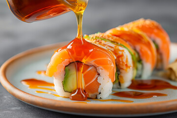 Close-up of sushi salmon fish, Japanese sushi collection. Sashimi sushi set with chopsticks and soy