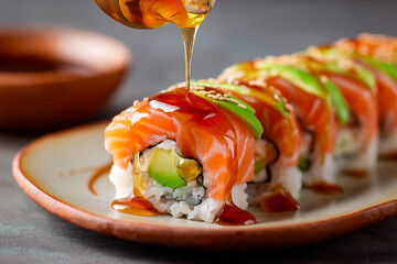 Close-up of sushi salmon fish, Japanese sushi collection. Sashimi sushi set with chopsticks and soy