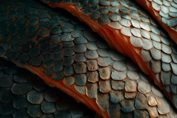 An abstract close-up view of stunning fish scales showcasing rich colors and intricate patterns, highlighting the beauty of marine life and textures found in nature.