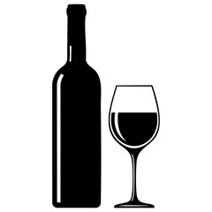 Wine bottle and glass silhouette alcohol drink vector icon
