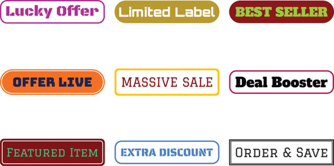 Six vibrant badges with bold text labels for sales promotions discounts and special offers isolated on white background