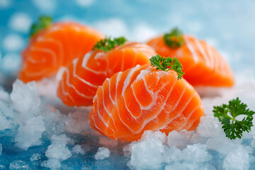 Close-up of sushi salmon fish, Japanese sushi collection. Sashimi sushi set with chopsticks and soy