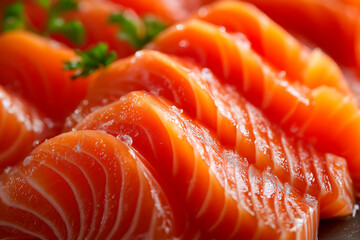 Close-up of sushi salmon fish, Japanese sushi collection. Sashimi sushi set with chopsticks and soy