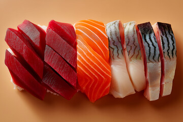 Close-up of sushi salmon fish, Japanese sushi collection. Sashimi sushi set with chopsticks and soy