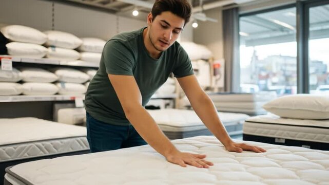 A young man is examining a mattress in a store, checking its quality and comfort