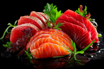 Close-up of sushi salmon fish, Japanese sushi collection. Sashimi sushi set with chopsticks and soy