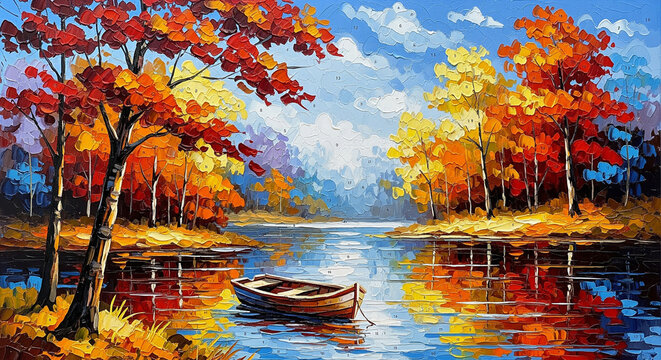 3D relief wallpaper with Colorful autumn landscape with lake and boat 3D oil art painting for mural wall art, canvas print, wall decor painting design