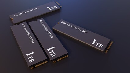 A 3D rendering displays multiple identical PCIe 4.0 NVMe M.2 SSDs (Solid State Drives), each with a storage capacity of 1 TB.