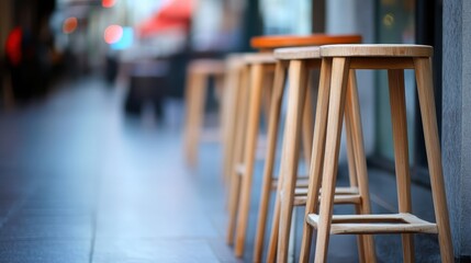 A row of simple unvarnished wooden bar stools lined up outdoors in a blur