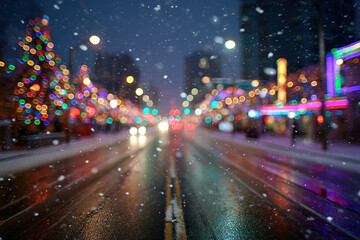 Snowy City Street At Night With Christmas Lights Blur