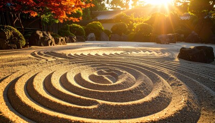 Peaceful Japanese Zen garden with intricate raked sand patterns, autumnal maple tree, and traditional rocks bathed in golden hour sunlight.