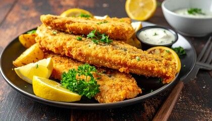 Crispy golden fried fish fillets with lemon wedges and parsley, served with dipping sauce on a rustic wooden table.
