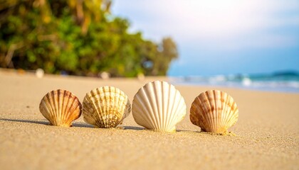 Four colorful scallop seashells arranged on a sunlit tropical sandy beach with blurred ocean background