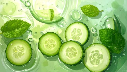 Fresh cucumber slices and mint leaves floating in clear water with bubbles, overhead view, healthy refreshing drink.