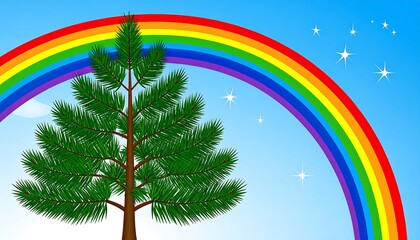 Animated image of a green pine tree, a rainbow, and stars against a light blue gradient sky background
