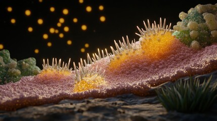 A striking close up view of a marine starfish displaying numerous prominent spikes on its surface with a dark background dotted with blurry yellow lights