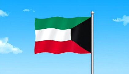 Animated Kuwaiti flag waving against a blue sky with fluffy white clouds, in a cartoonish style